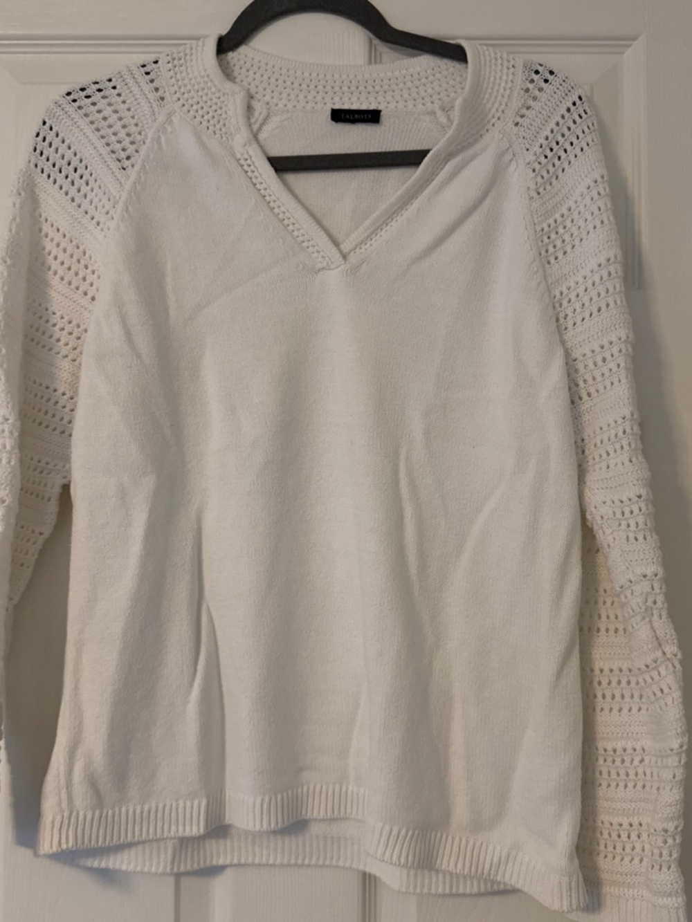 Talbots Cream Open-Stitch Sleeve V-Neck Sweater